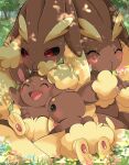  ajiwo blush buneary closed_eyes evolutionary_line flower grass highres lopunny no_humans open_mouth outdoors pokemon pokemon_(creature) sitting 