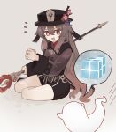  1girl absurdres black_shorts boo_tao_(genshin_impact) brown_hair chinese_clothes cryo_hypostasis_(genshin_impact) flower flower-shaped_pupils genshin_impact gradient_hair hat hat_ornament highres hu_tao_(genshin_impact) long_hair long_sleeves multicolored_hair open_mouth origami_gyokuo plum_blossoms porkpie_hat red_eyes red_shirt shirt shorts simple_background staff_of_homa_(genshin_impact) symbol-shaped_pupils thighs white_background 
