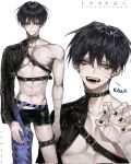  1boy :d abs asymmetrical_clothes asymmetrical_legwear asymmetrical_sleeves bishounen black_choker black_hair black_nails blue_eyes boxer_briefs chest_harness choker eyelashes fangs hair_between_eyes harness highres long_sleeves looking_at_viewer male_focus male_underwear multiple_views navel nipples open_mouth original paw_pose piercing short_hair simple_background smile stitches syaden thigh_strap underwear white_background 