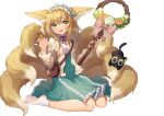  1girl 22_(dbq) :d absurdres animal_ear_fluff animal_ears arknights bag black_cat blonde_hair blue_hairband blue_skirt bow brown_jacket brown_rose cat commentary_request flower fox_ears fox_girl fox_tail frilled_hairband frills full_body green_eyes hair_between_eyes hairband hands_up highres holding jacket kitsune long_hair long_sleeves luoxiaohei neck_ribbon no_shoes open_clothes open_jacket pink_bow puffy_long_sleeves puffy_sleeves red_ribbon ribbon rose shirt shoulder_bag simple_background sitting skirt smile socks suzuran_(arknights) suzuran_(spring_praise)_(arknights) tail teeth the_legend_of_luo_xiaohei upper_teeth_only wariza white_background white_flower white_rose white_shirt white_socks 