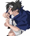  1boy black_hair blue_jacket carota327 forehead_protector jacket male_focus mitsudomoe_(shape) naruto naruto_(series) red_eyes sandals shorts solo tomoe_(symbol) uchiha_sasuke 