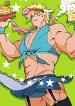  1boy abs alcohol apron battle_tendency beer black_thighhighs blonde_hair burger carota327 crop_top crossdressing feather_hair_ornament feathers food garter_straps green_eyes hair_ornament hair_ribbon highres jojo_no_kimyou_na_bouken joseph_joestar joseph_joestar_(young) male_focus midriff miniskirt muscular muscular_male music pectoral_cleavage pectorals pink_ribbon pleated_skirt revealing_clothes ribbon skates skirt solo tankard thigh-highs tray visor_cap 