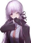  1girl black_gloves black_jacket black_ribbon braid danganronpa:_trigger_happy_havoc danganronpa_(series) glove_in_mouth gloves hair_ribbon hand_up highres jacket kirigiri_kyouko kkochmeli long_hair looking_at_viewer mouth_hold necktie one_eye_closed open_clothes open_jacket pink_eyes ribbon shirt simple_background solo teeth upper_body violet_eyes white_background 