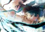  2boys bakugou_katsuki black_mask black_whip_(boku_no_hero_academia) blonde_hair bloom blurry blurry_foreground bodysuit boku_no_hero_academia bright_pupils chromatic_aberration clenched_hand commentary_request electricity eye_mask film_grain flying freckles from_side gloves green_bodysuit green_eyes green_hair hand_on_own_arm hands_up headgear high_collar highres looking_ahead male_focus midair midoriya_izuku multiple_boys outstretched_arm outstretched_arms parted_lips partial_commentary profile red_eyes sanpaku serious short_hair simple_background single_horizontal_stripe spiky_hair tentacles uni_ssansyo upper_body white_background white_gloves white_pupils 