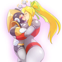  1girl antennae armor armored_boots arms_up bass_(mega_man) bikini_armor blonde_hair blue_eyes blurry blurry_background blush boots breasts carrying carrying_person covered_navel from_side green_ribbon hair_ribbon hairband headphones highres hug hyper_roll_(marvel_vs._capcom) joints kiss knee_boots knee_pads large_breasts long_hair looking_at_viewer marvel_vs._capcom mechanical_arms mechanical_boots mechanical_legs mega_man_(classic) mega_man_(series) navel ponytail radio_antenna red_armor ribbon robot robot_girl robot_joints roll_(mega_man) shoulder_armor sidelocks simple_background smile solo twitchystitch white_background 
