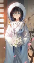  1girl aoi_erika black_hair breasts dress green_eyes hashtag-only_commentary heaven_burns_red highres indoors japanese_clothes kimono kr_woyue looking_at_viewer medium_breasts shiromuku short_hair solo uchikake wataboushi wedding wedding_dress white_dress 