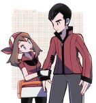  1boy 1girl :d bandana bike_shorts_under_skirt black_eyes black_hair blue_eyes brown_hair closed_mouth collared_shirt commentary_request eyelashes fanny_pack father_and_daughter gloves grey_pants holding_another&#039;s_arm hsngamess jacket may_(pokemon) miniskirt norman_(pokemon) open_mouth orange_bag pants pokemon pokemon_(game) pokemon_rse red_bandana red_jacket red_shirt shirt short_hair skirt smile tongue twitter_username white_skirt 