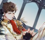  1boy armor belial_(granblue_fantasy) black_gloves black_hair closed_mouth fingerless_gloves gloves granblue_fantasy jacket looking_at_viewer male_focus official_alternate_costume pauldrons red_eyes short_hair shoulder_armor single_pauldron sitting solo soysae white_jacket 