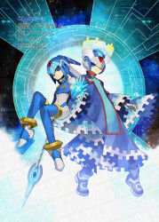  1boy 1girl android armor blue_eyes blue_helmet blue_robe blue_thighhighs breasts crop_top cyber_elf_x_(mega_man) fairy_leviathan_(mega_man) fins forehead_jewel full_body gem halo head_fins helmet highres holding holding_polearm holding_weapon humanoid_robot mega_man_(series) mega_man_zero_(series) polearm robe robot robot_girl solo thigh-highs watermark weapon x_(mega_man) yamanashi_taiki 