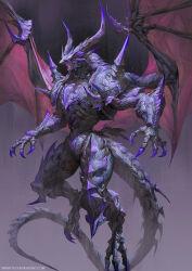  1boy angry armor artist_name claws concept_art dragon_boy dragon_horns dragon_tail dragon_wings fantasy flying full_body grey_background highres horns making-of_available male_focus midair monster monster_focus open_hands open_mouth original purple_claws purple_scales red_wings scales shingeki_no_bahamut shoulder_spikes solo spiked_arm spikes spread_wings tail web_address wings yu_cheng_hong 