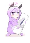  1girl alternate_costume animal_costume blue_archive blunt_bangs blush_stickers chibi commentary_request dakimakura_(object) full_body halo headgear highres long_hair long_sleeves looking_at_viewer object_hug pillow pillow_hug pocket puffy_cheeks purple_hair rabbit_costume sidelocks simple_background slippers solo standing utaha_(blue_archive) violet_eyes white_background wrench yosik 