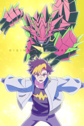  1boy armalizamon armor black_shirt blonde_hair blue_hair cowboy_shot digimon digimon_(creature) digimon_beatbreak glasses highres jacket lizard male_focus mazaki_kei mole mole_under_mouth multicolored_hair open_clothes open_jacket pink_armor round_eyewear sharp_teeth shirt simple_background teeth tenma_tomoro two-tone_hair white_jacket yellow_background 
