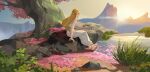  1girl absurdres blonde_hair cherry_blossoms dress gradient_sky highres long_hair nature pointy_ears pond princess_zelda ruoruoqiuu sandals scenery sitting sky solo strapless strapless_dress sun sunset the_legend_of_zelda tree water white_dress wide_shot 