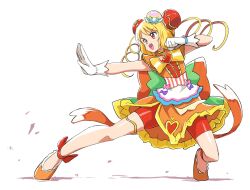  1girl ankle_bow ankleband apron back_bow bike_shorts blonde_hair bow brooch bun_cover clenched_hand commentary cure_yum-yum delicious_party_precure dress drill_hair fighting_stance full_body gloves hanamichi_ran hat heart heart_brooch highres huge_bow jewelry long_hair magical_girl open_mouth orange_dress orange_shoes pink_bow precure purple_bow red_bow red_eyes red_shorts shoes shorts simple_background solo standing thighlet twin_drills uraki v-shaped_eyebrows waist_apron white_background white_gloves yellow_bow 