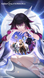  5boys 5girls aether_(genshin_impact) albedo_(genshin_impact) arlecchino_(genshin_impact) arm_up black_hair blonde_hair braid closed_eyes coat columbina_(genshin_impact) crescent crop_top dragon_boy dragon_horns dragon_wings dress durin_(genshin_impact) eye_mask full_moon gem genshin_impact gloves hair_between_eyes hair_intakes hair_ribbon halo hat head_wings highres horns key_visual lauma_(genshin_impact) long_hair mask moon multicolored_hair multiple_boys multiple_girls official_art own_hands_together paimon_(genshin_impact) pink_hair promotional_art purple_hair red_eyes ribbon sandrone_(genshin_impact) scaramouche_(genshin_impact) scarf two-tone_hair varka_(genshin_impact) very_long_hair vision_(genshin_impact) wanderer_(genshin_impact) white_dress white_hair white_ribbon wings yellow_eyes 