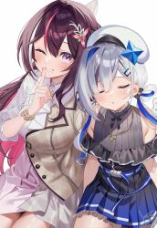  2girls ;d absurdres amane_kanata amane_kanata_(work) angel_wings ascot azki_(4th_costume)_(hololive) azki_(hololive) belt beret black_dress blue_belt blue_hair bracelet braid brown_jacket closed_eyes collared_dress colored_inner_hair commentary_request double-parted_bangs dress feathered_wings finger_to_mouth frilled_dress frills gradient_clothes gradient_dress grey_hair hair_intakes hair_ornament hair_rings hairclip half-jacket half_up_braid hand_up hat heads_together highres hololive jacket jewelry long_hair looking_at_viewer low_twintails mole mole_under_eye multicolored_hair multiple_girls necklace off-shoulder_dress off_shoulder official_alternate_costume official_alternate_hairstyle one_eye_closed pink_hair pink_streaks pleated_dress short_dress shushing simple_background single_hair_intake single_sidelock sitting sleeping smile star_(symbol) star_necklace streaked_hair three-quarter_sleeves twintails uekana9 very_long_hair violet_eyes virtual_youtuber white_ascot white_background white_dress white_hair white_hat white_streaks white_wings wings 