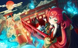  1girl aqua_eyes architecture blue_eyes blue_fire blush bridge clouds commentary_request east_asian_architecture feathered_wings fire full_moon game_cg grin highres hitodama lantern long_hair looking_at_viewer magic moon night night_sky official_art red_hair red_moon sitting smile smoke solo thigh-highs third-party_source torii twintails wang_xue wings world_dai_star 