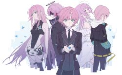  5girls absurdres arms_at_sides asymmetrical_clothes black_jacket black_leotard black_necktie black_pants blindfold blue_butterfly breasts bug butterfly collared_shirt commentary_request cropped_legs dress gradient_hair green_eyes halo hands_in_pockets hands_up highleg highleg_leotard highres holding holding_petal hood hooded_jacket jacket leotard long_hair looking_up multicolored_hair multiple_girls multiple_persona necktie nezumidoshi nijisanji panties pants parted_lips petals pink_hair purple_hair shirt short_hair simple_background single_pantsleg small_breasts underwear virtual_youtuber white_background white_dress white_hood white_pants white_shirt yuuhi_riri yuuhi_riri_(1st_costume) yuuhi_riri_(4th_costume) yuuhi_riri_(5th_costume) yuuhi_riri_(6th_costume) yuuhi_riri_(7th_costume) 