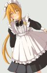  1girl alternate_costume apron black_dress blonde_hair blush closed_mouth crescent crescent_pin dress enmaided frilled_apron frills grey_background hair_between_eyes highres kantai_collection long_hair long_sleeves low_twintails maid maid_apron maid_headdress po0000000000 satsuki_(kancolle) simple_background smile solo twintails white_apron yellow_eyes 
