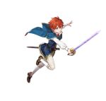  1boy aged_down blue_eyes brown_footwear capelet clenched_teeth eliwood_(fire_emblem) fire_emblem fire_emblem:_the_blazing_blade fire_emblem_heroes holding holding_sword holding_weapon neck_ribbon official_alternate_costume official_art red_capelet red_ribbon redhead ribbon sheath solo sword teeth v-shaped_eyebrows weapon 