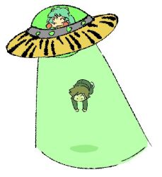  1boy 1girl animal_ears black_pants black_shirt brown_hair commentary cone_horns flying flying_saucer green_hair horns lum moroboshi_ataru pants shirt simple_background spacecraft symbol-only_commentary tiger_ears ufo unagicaaaaat urusei_yatsura white_background 