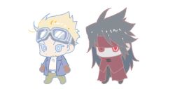  2boys ascot black_hair black_pants blonde_hair blue_eyes blue_jacket brown_gloves chibi chibi_only cid_highwind cloak final_fantasy final_fantasy_vii gloves glowing glowing_eye goggles goggles_on_head green_pants hair_slicked_back headband jacket long_hair male_focus multiple_boys pants peonrin red_cloak red_eyes red_headband short_hair vincent_valentine white_ascot white_background 