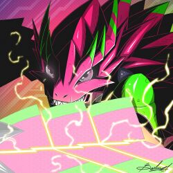  armalizamon armor barlume_(barlzar) close-up commentary_request digimon digimon_(creature) digimon_beatbreak electricity glowing highres lizard no_humans pink_armor purple_background solo spiked_tail tail violet_eyes 