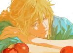  1boy apple bishounen blonde_hair blue_eyes blue_tunic food fruit hair_between_eyes half-closed_eyes head_on_arm highres jiaotang_xiaodoudou light_smile link long_hair looking_to_the_side male_focus pointy_ears ponytail sunlight the_legend_of_zelda the_legend_of_zelda:_breath_of_the_wild white_background 