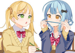  2girls 55szt :o alternate_costume blonde_hair blue_hair blue_jacket bow bowtie braid braided_hair_rings brown_eyes collared_shirt commentary_request facial_hair green_eyes hair_bow hair_rings hands_up holding holding_pencil jacket long_hair long_sleeves looking_at_another mahou_shoujo_no_majo_saiban multiple_girls mustache open_mouth pencil pencil_mustache red_bow red_bowtie school_uniform shirt short_hair simple_background sweater table tachibana_sherry tono_hanna twintails upper_body white_background white_shirt yellow_sweater 