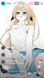  1boy 4mingbbu animal_ears blonde_hair blue_eyes blue_shorts body_blush bosa(artist) bottle elsword hatching highres implied_ejaculation implied_masturbation long_hair male_focus milk_bottle original ponytail puff_of_air shorts sweat tank_top trap 