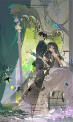  1boy 1girl absurdres bird black_hair black_necktie black_pants black_shoes black_vest brown_eyes brown_hair bug butterfly character_request chinese_commentary closed_mouth collared_shirt commentary_request commission copyright_request curtains dress earrings flower frills green_eyes green_shirt hair_between_eyes hand_on_own_chest hand_up harp high_heels highres instrument jewelry lapels long_hair long_sleeves necktie notched_lapels oc_x_canon pants plaid_clothes plaid_necktie rose shirt shoes short_hair sitting square_neckline vest watermark white_dress white_flower white_rose xixun 