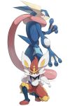  artist_name cinderace clenched_hands greninja highres looking_at_viewer makoto_ikemu no_humans on_one_knee pokemon pokemon_(creature) simple_background watermark white_background 
