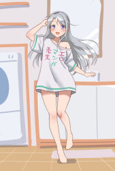  1girl barefoot commentary_request copyright_name cosplay eromanga_sensei full_body grey_hair izumi_sagiri izumi_sagiri_(cosplay) kantai_collection long_hair name_connection one-hour_drawing_challenge ray.s sagiri_(kancolle) shirt solo translation_request violet_eyes washing_machine white_shirt 