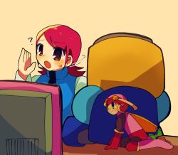  2girls age_regression aged_down blue_shirt blue_vest boots brown_eyes helmet leotard looking_at_viewer mayl_sakurai_(mega_man) mega_man_(series) mega_man_battle_network_(series) mini_person multiple_girls open_mouth pink_boots pink_helmet pink_leotard red_hair ritomasu_(crsk4373) roll.exe_(mega_man) shirt smile vest 