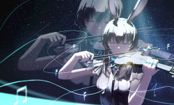  1girl absurdres amiya_(arknights) animal_ears arknights arm_up black_shirt bow_(music) brown_hair choker closed_eyes closed_mouth commentary_request facing_viewer fengxue hand_up highres holding holding_bow_(music) holding_instrument holding_violin infection_monitor_(arknights) instrument jewelry light_smile multiple_rings music musical_note overlighting playing_instrument rabbit_ears ring shirt solo star_(sky) starry_sky_background upper_body violin zoom_layer 