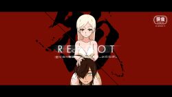  1boy 1girl ahoge araragi_koyomi bare_arms bare_legs black_border black_hair blonde_hair body_blush border brown_eyes carrying center_cross_lace closed_mouth collarbone cowboy_shot dress english_text flat_chest foreground_text hair_over_one_eye hands_on_another's_head jitome kanji_focus kizumonogatari lace-trimmed_dress lace_trim letterboxed light_blush light_frown long_hair monogatari_(series) orange_eyes parted_bangs parted_lips pointy_ears shoulder_blush shoulder_carry sidelocks sitting sitting_on_person sleeveless sleeveless_dress sonikkusupin spaghetti_strap straight-on straight_hair strap_slip sundress translation_request white_dress wide-eyed 
