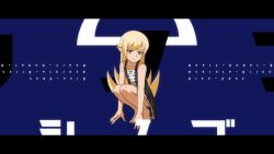  1girl all_fours bare_arms bare_legs barefoot black_border black_dress blonde_hair blue_background border center_frills character_name closed_mouth collarbone dress english_text flipped_hair frills full_body hair_between_eyes hair_flaps hands_on_floor jitome knees_up letterboxed light_blush light_frown long_hair looking_at_viewer monogatari_(series) orange_eyes oshino_shinobu petticoat pointy_ears shoulder_blush sidelocks solo sonikkusupin sundress tiptoes upside-down_text very_long_hair 