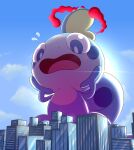  absurdres animal blue_sky blush building city clouds commentary commission dynamax english_commentary giant highres introvertnacho no_humans open_mouth outdoors oversized_animal pokemon pokemon_(creature) sky skyscraper sobble solo 