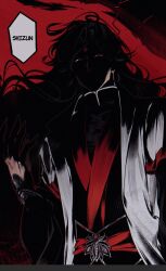  1boy bikoyaki black_hair black_hanfu chinese_clothes claws curtained_hair face_in_shadow floating_hair half-closed_eyes hand_up hanfu high_collar highres long_hair long_sleeves luo_binghe male_focus male_yandere messy_hair red_background red_eyes red_hanfu renzha_fanpai_zijiu_xitong robe shadow solo speech_bubble two-tone_hanfu upper_body very_long_hair watermark wavy_hair white_robe wide_sleeves yandere zuiyin 