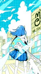  1girl animal blue_hair blue_skirt blue_sky city clouds cloudy_sky commentary_request day dog dress frilled_dress frills from_behind full_body guitar highres instrument nekofood_lima original outdoors road shirt short_hair short_sleeves skirt sky solo standing street twitter white_dog white_shirt wind 