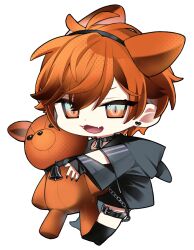  029jrr 1boy animal bell black_choker black_shoes black_socks chibi choker ear_piercing fangs full_body holding holding_stuffed_toy holostars holostars_english machina_x_flayon male_focus neck_bell open_mouth piercing red_eyes red_hair shoes socks solo stuffed_animal stuffed_toy teddy_bear thigh_strap virtual_youtuber 