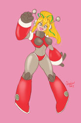  1girl antennae armor armored_boots arms_up bikini_armor blonde_hair blue_eyes blurry blurry_background boots breasts commentary_request covered_navel green_ribbon hair_ribbon hairband headphones hyper_roll_(marvel_vs._capcom) joints knee_boots knee_pads large_breasts long_hair looking_at_viewer marvel_vs._capcom mechanical_arms mechanical_boots mechanical_legs mega_man_(classic) mega_man_(series) navel pink_background ponytail quelico radio_antenna red_armor ribbon robot robot_girl robot_joints roll_(mega_man) shoulder_armor sidelocks simple_background smile solo 