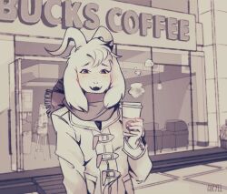  1boy 2016 2d aged_up animal_ears anthro artist_name aryll_(marbles) asriel_dreemurr body_fur coat coffee coffee_shop commentary cup digital_media drink droopy_ears english_commentary fangs floppy_ears furry furry_male goat goat_boy goat_ears goat_horns holding holding_cup holding_drink horns looking_at_viewer male male_focus male_only mammal monochrome monster monster_boy open_mouth outdoors scarf sepia skin_fangs solo standing starbucks undertale upper_body utdr_(toby_fox) white_fur white_horns winter_clothes 