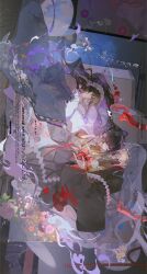  1boy 2girls absurdres black_kimono brown_hair brown_kimono chinese_commentary closed_mouth commentary_request commission copyright_request floating_hair flower grey_hair hairband heart_(organ) highres holding holding_heart_(organ) hydrangea japanese_clothes kimono lolita_hairband long_hair long_sleeves multiple_girls oc_x_canon orange_flower original pink_flower pom_pom_(clothes) purple_flower rope severed_hand sideways smile tareme very_long_hair violet_eyes wide_sleeves xixun 