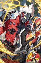  1boy absurdres belt billy_kid birthday_cake black_belt cake cardboard_cutout chibi chinese_commentary commentary dated english_text food happy_birthday hat highres humanoid_robot jacket l_hand long_sleeves looking_at_viewer male_focus multiple_views official_art party_hat red_jacket robot robot_boy sparkle tokusatsu white_hair zenless_zone_zero 