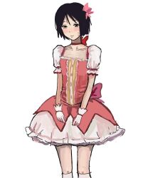  black_hair blush bow bow_choker breasts bubble_skirt choker closed_mouth collarbone commentary cosplay dress english_commentary frilled_skirt frills gloves hair_bow highres kaname_madoka kaname_madoka_(cosplay) kneehighs looking_at_viewer mahou_shoujo_madoka_magica mahou_shoujo_madoka_magica_(anime) miniskirt nakahara_misaki nhk_ni_youkoso! pink_bow pink_dress puffy_short_sleeves puffy_sleeves red_bow short_dress short_hair short_sleeves simple_background skirt small_breasts socks square_neckline sweatdrop white_background white_gloves white_skirt white_sleeves white_socks zukii3_mii_(mizumolasses) 