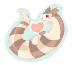  :3 animal_focus blue_background border commentary_request facial_mark from_side full_body furret heart jaggy_lines lowres no_humans ntmkn open_mouth partial_commentary pokedex_number pokemon pokemon_(creature) profile red_eyes solo whisker_markings white_border 