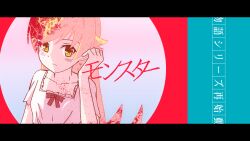  aqua_border arm_at_side black_border blonde_hair blue_background blush_stickers border bow breasts closed_mouth collarbone dot_nose dress dress_bow expressionless flipped_hair foreground_text frilled_dress frills gradient_background hair_between_eyes hair_flaps hand_up letterboxed long_hair monogatari_(series) oshino_shinobu pink_background red_bow ringed_eyes round_border short_sleeves sidelighting small_breasts sonikkusupin splatter square_neckline translation_request very_long_hair yellow_eyes 