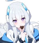  1girl blue_archive blue_necktie blunt_bangs blush candy chocolate food formal halo heart heart-shaped_chocolate jacket long_hair looking_at_viewer necktie noa_(blue_archive) reia_76 smile solo straight_hair suit upper_body white_hair white_jacket white_suit 