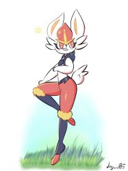  1girl animal_ears animal_hands animal_nose artist_name blue_fur blush body_fur bright_pupils cinderace commentary derivative_work english_commentary flat_chest from_side full_body furry furry_female grass grin hand_on_own_knee hand_up happy highres j.jama leg_up legs looking_back multicolored_fur pokemon pokemon_(creature) rabbit_ears rabbit_girl rabbit_tail red_eyes red_fur red_hair screenshot_redraw shiny_skin short_hair short_tail signature smile solo standing standing_on_one_leg sun_symbol tail teeth thighs tiptoes twitter_username white_background white_fur white_pupils yellow_fur 